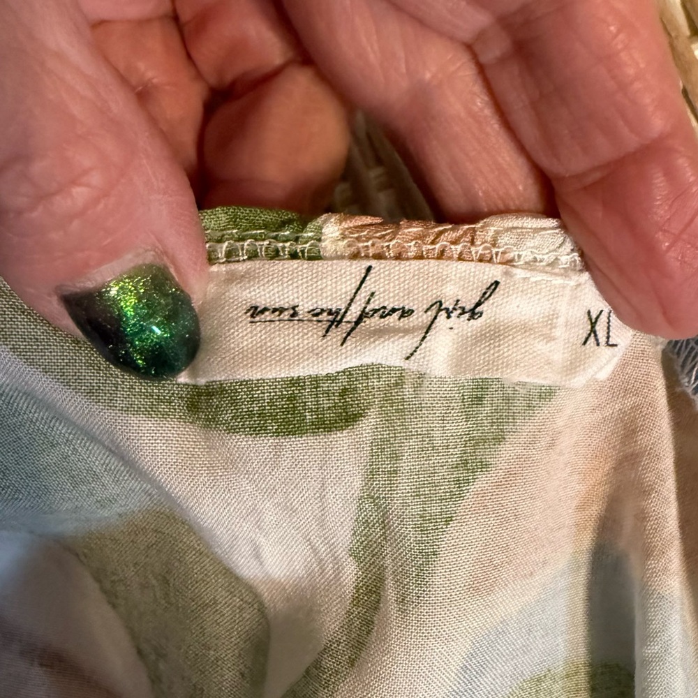Girl And The Sun Ruffle Sun Dress Watercolor Leaf Print White Green Tan Size XL - Picture 11 of 14